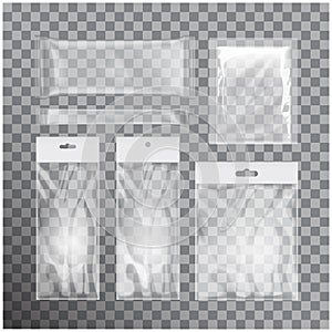 Set of transparent foil bag packaging for food, snack, coffee, cocoa, sweets, crackers, chips, nuts, sugar. Vector