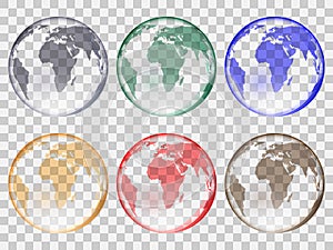 Set of transparent glass balls in the form of planet earth of different colors.