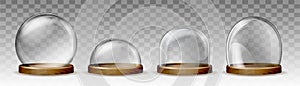 Set of Transparent glass dome and wooden tray in 3D realistic design.