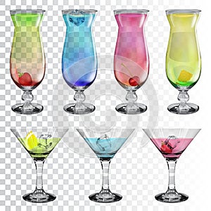 Set of transparent glass goblets with cocktails