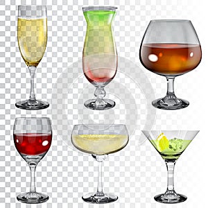 Set of transparent glass goblets with different drinks