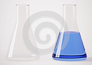 Set of transparent glass laboratory flasks.