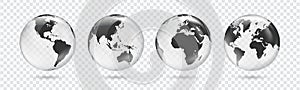 Set of transparent globes of Earth. Realistic world map in globe shape with transparent texture and shadow