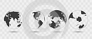 Set of transparent globes of Earth. Realistic world map in globe shape with transparent texture and shadow.