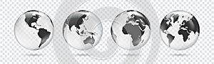 Set of transparent globes of Earth. Realistic world map in globe shape with transparent texture and shadow. Vector illustration