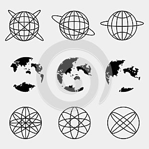 Set of transparent globes of Earth. World Icon Black, Vector world map icons