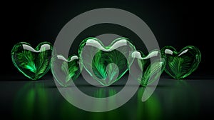 Set of transparent hearts in green colors isolated on dark background. Emerald crystal hearts with grass and leaves as symbol of