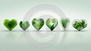 Set of transparent hearts in green colors isolated on white background. Emerald crystal hearts with grass and leaves as symbol of