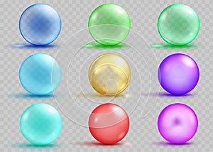 Set of transparent and opaque colored spheres with shadows