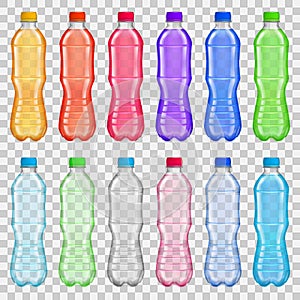 Set of transparent plastic bottles with multicolored juices and