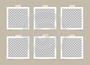 Set of  transparent square photo frames with adhesive tape. Mockup for modern design. Blank template on a beige background. Vector