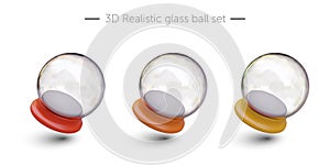 Set of transparent tilted glass balls with stands. Blank realistic snow globe mockup