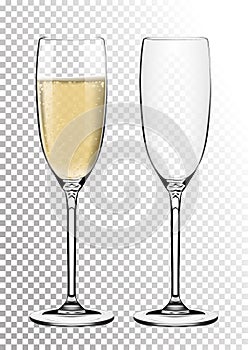 Set transparent vector champagne glasses empty, with sparkling wine. Vector illustration in photorealistic style.