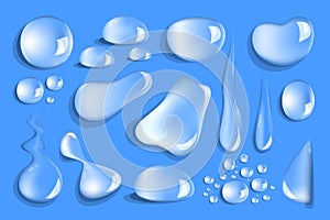 Set of transparent water drops on surface isolated