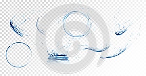 Set of transparent water splashes, water drops and crown from falling into the water in light blue colors, isolated on