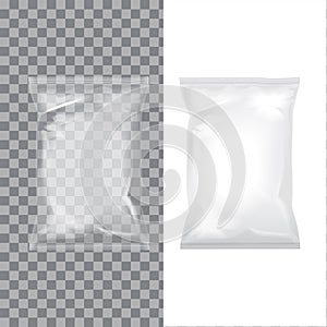 Set of transparent and white foil bag packaging for food, snack, coffee, cocoa, sweets, crackers, nuts, chips. Vector