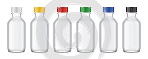 Set of Transparents Pharmaceuticals Bottles with colored Caps.
