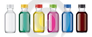 Set of Transparents Pharmaceuticals Bottles with Colored Liquids.