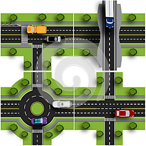 Set transport hub. The intersections of various roads. Roundabout Circulation. Traffic. Objects with shadow