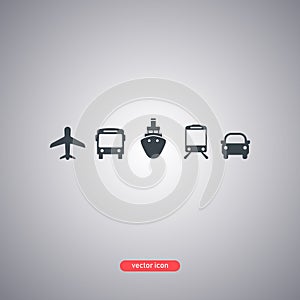 Set of transport icons Isolated on a gray background. Ship, air, rail, auto, bus transport. Modern flat style.