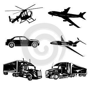 Set of transport icons, truck, plane, car, helicopter