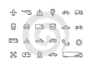 Set of 24 Transport web icons in line style. Train, Airplane, car, bus, helicopter, bike. Vector illustration