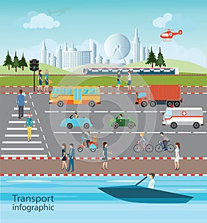 Set of transportation and city traffic.