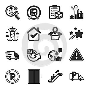 Set of Transportation icons, such as Escalator, Lift, Lighthouse symbols. Vector