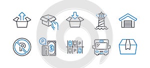 Set of Transportation icons, such as Get box, No parking, Parking place. Vector