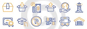 Set of Transportation icons, such as Get box, No parking, Parking place. Vector