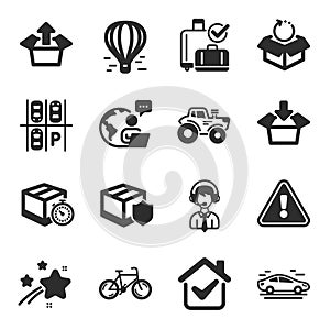 Set of Transportation icons, such as Get box, Tractor, Delivery timer symbols. Vector