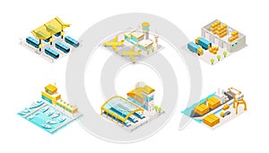 Set of transportation isometric. Bus station, airplane airport, delivery service warehouse and truck. Shipping by sea