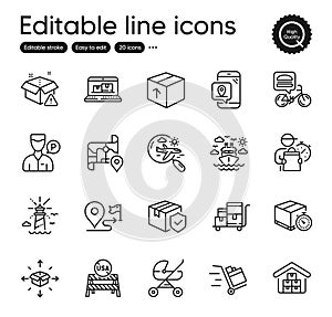 Set of Transportation outline icons. Contains icons as Delivery man, Search flight and Lighthouse elements. Vector