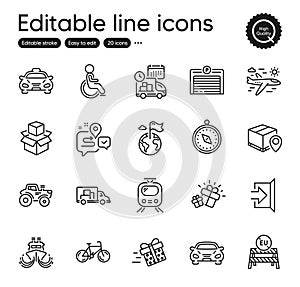 Set of Transportation outline icons. Contains icons as Exit, Bicycle and Parcel tracking elements. For website. Vector