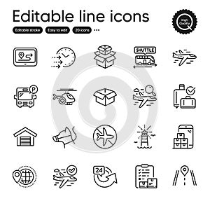 Set of Transportation outline icons. Contains icons as World travel, Lighthouse and Inventory checklist elements Vector