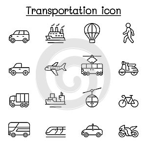 Set of Transportation related vector line icons. contains such Icons as airplane, bus, truck, lorry, scooter, motorcycle, walking