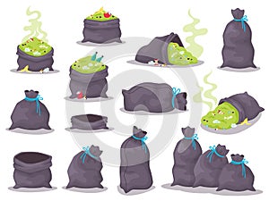 Set of trash bags with smelly garbage. Black sacks full of litter in cartoon style, heaps of rubbish isolated on white