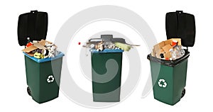 Set of trash bins with garbage on background. Waste management and recycling