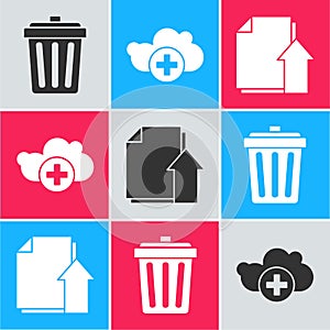 Set Trash can, Add cloud and Upload file document icon. Vector