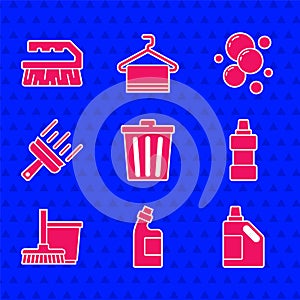 Set Trash can, Bottle for cleaning agent, Mop and bucket, Rubber cleaner windows, Soap water bubbles and Brush icon