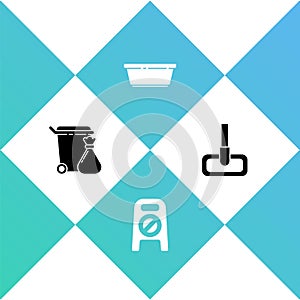 Set Trash can and garbage bag, Wet floor cleaning in progress, Plastic basin and Mop icon. Vector