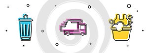 Set Trash can, Garbage truck and Basin with soap suds icon. Vector