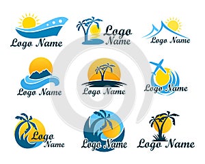 Set of travel agency logos. A symbol of vacation, travel and recreation in warm countries. Logo with palm trees, island photo