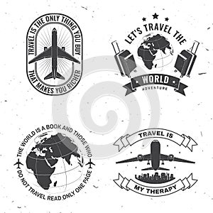 Set of travel badge, logo. Travel inspiration quotes with suitcase, airplane, globe silhouette Vector illustration