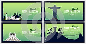 Set of travel banners to Brazil. Time to Travel. Journey, trip and vacation. Vector flat illustration.