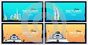 Set of travel banners to Dubai and Turkey. Time to Travel. Journey, trip and vacation. Vector flat illustration.