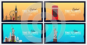 Set of travel banners to England and USA. Time to Travel. Journey, trip and vacation. Vector flat illustration.