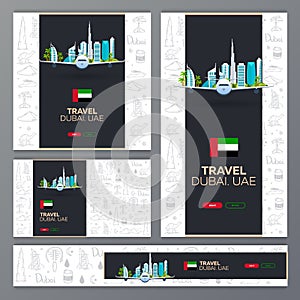 Set of travel banners. UAE. Travel to Dubai. Hand draw doodle background. Vector illustration.