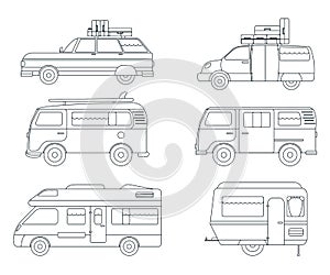 Set of Travel Car Icon. Concept for Outdoor and Hike Trip. Outline Style. Travel Symbol, Logo, Icon and Badge. Simple Vector