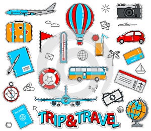 Set of travel cartoon stickers in retro style